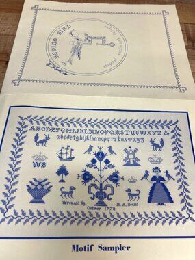 RARE The Sewing Bird Blue Cross-Stitch Pattern Set Motif Sampler Alphabet Design
